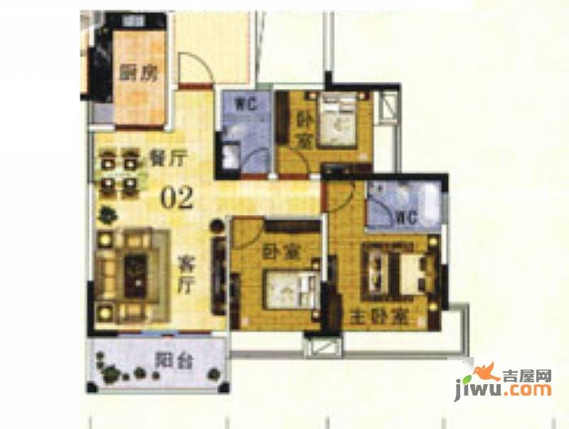 盈康阳光城3室2厅2卫100㎡户型图