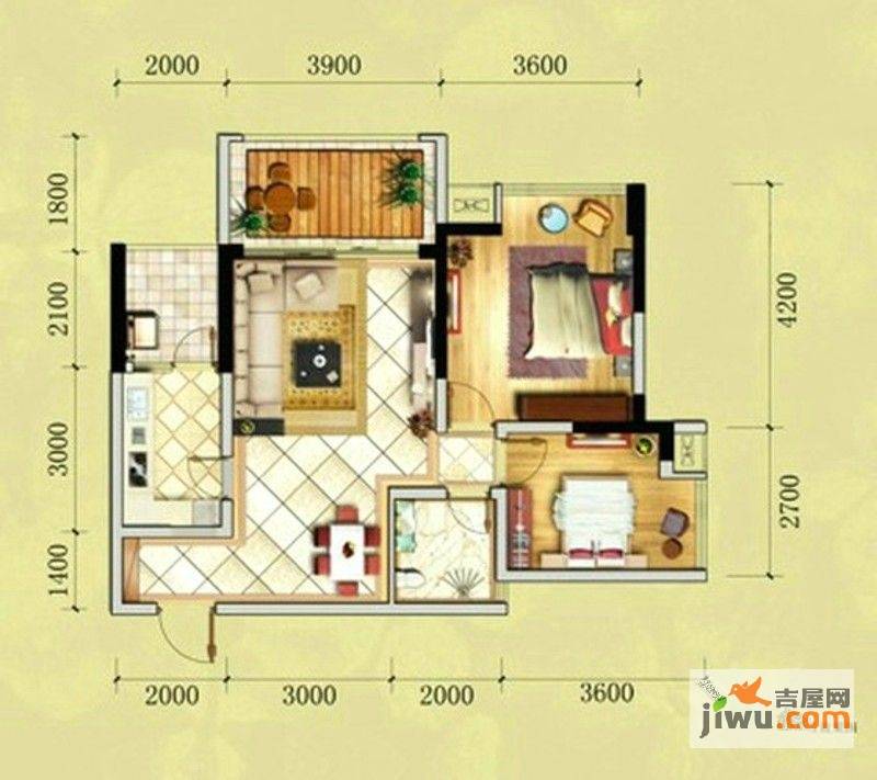 嘉州长卷天玺2室2厅1卫65.8㎡户型图