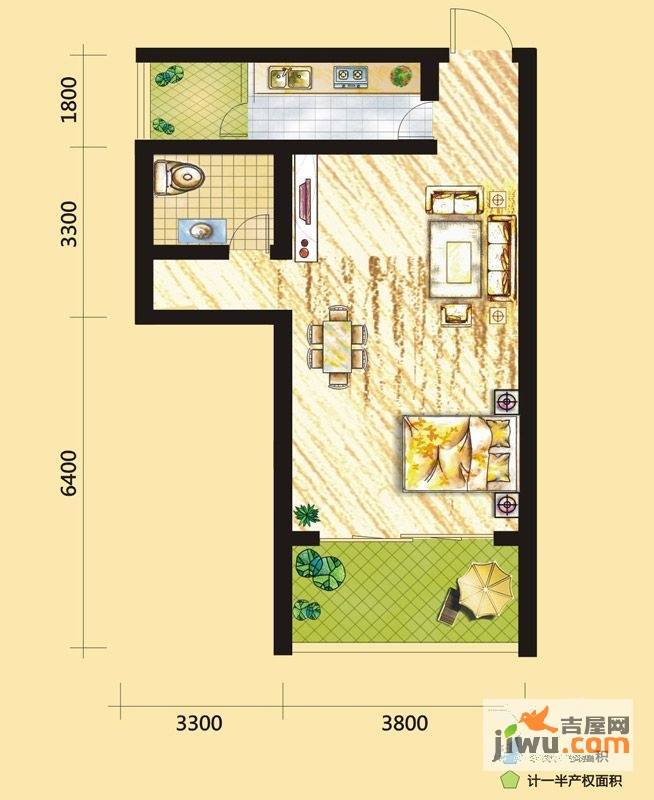 维多利亚森林城1室2厅1卫55.3㎡户型图