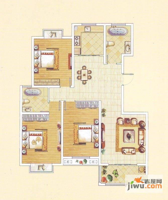 大德世家3室2厅2卫128㎡户型图