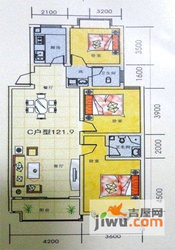 财富山庄3室2厅2卫121.9㎡户型图