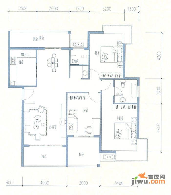 君临天下3室2厅2卫129.9㎡户型图